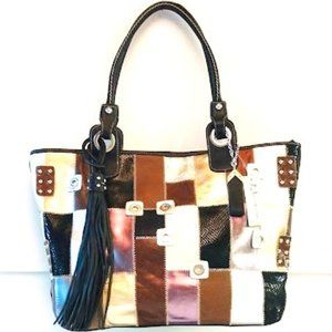 Aqua Madonna Metallic Silver Black Patchwork Leather New Tote